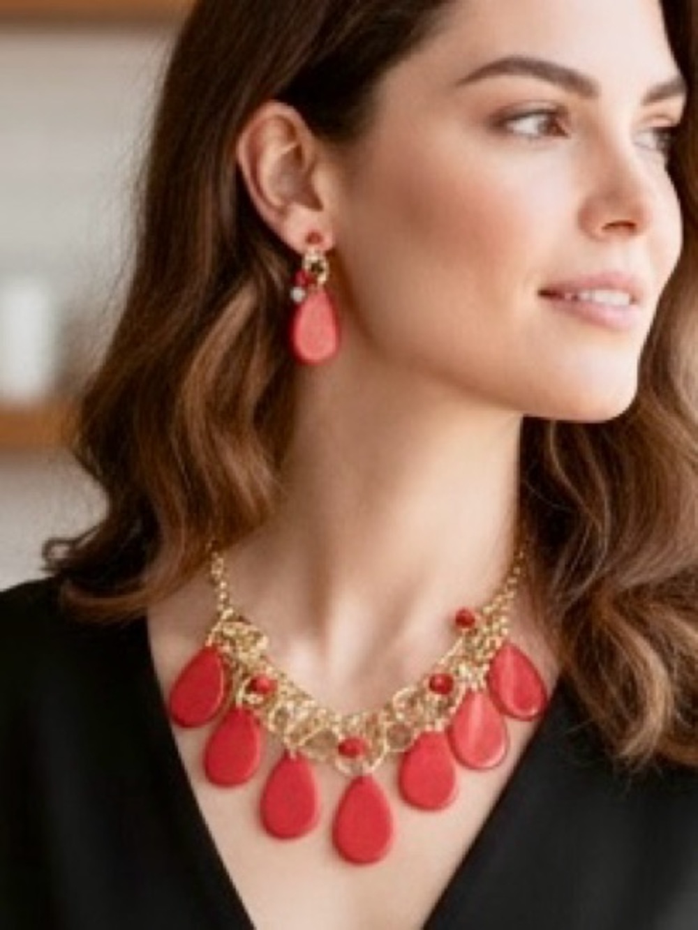 Multi Layer Red Chunky Statement Necklace and Drop Earring Demi Parure Set